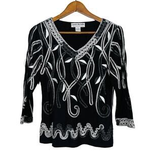 Vintage Lauren Michelle V NEck Stitched Tunic Black Silver - S